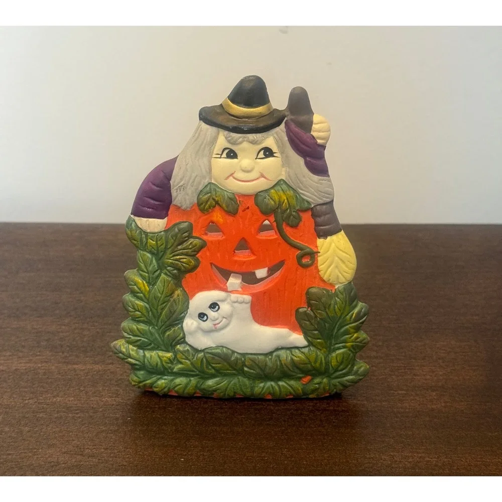Vintage Halloween Witch Pumpkin Ghost Ceramic Tea Light Candle Holder Decor